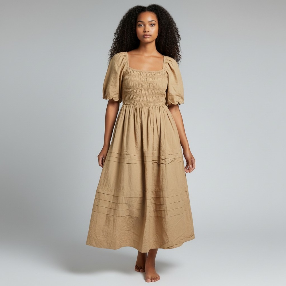 Anthropologie August Apparel Smocked Tiered Maxi Dress Womens Size M Tan Scallop